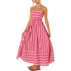 Women's Watermelon Red Striped Back Smocked Spaghetti Strap Cut Out Maxi Dress